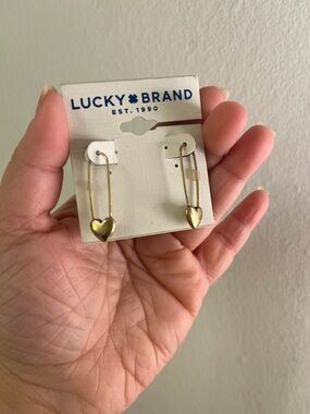 Lucky Brand Gold Heart Safety Pin Drop Earrings